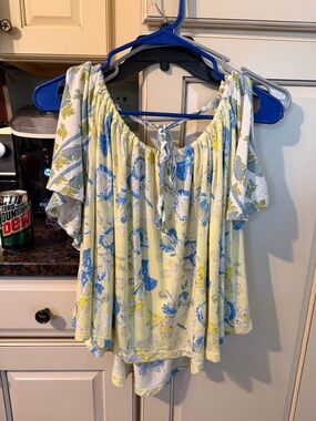 Free People Pale Yellow Floral Off-Shoulder Tunic with Blue and Green Print